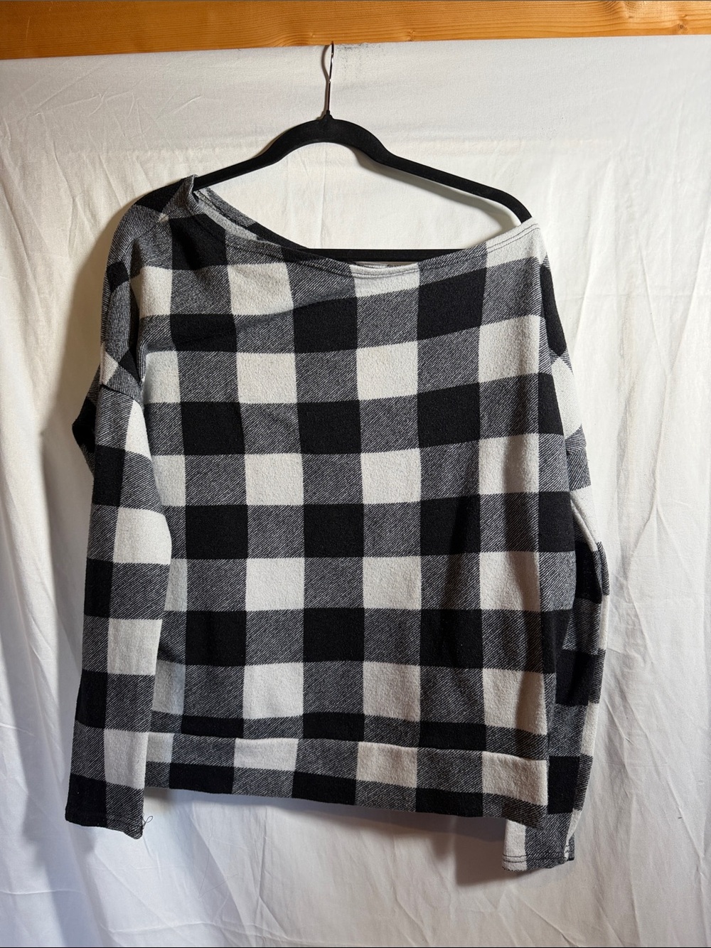 white birch Black and White Buffalo Plaid Off-the-Shoulder Sweater